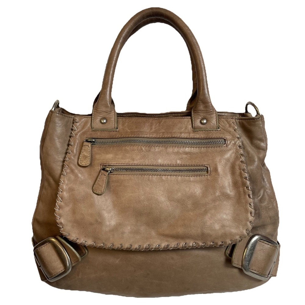 Sabina New York Satchel Bag Purse Beige Genuine Leather Whipstitched   Buckle